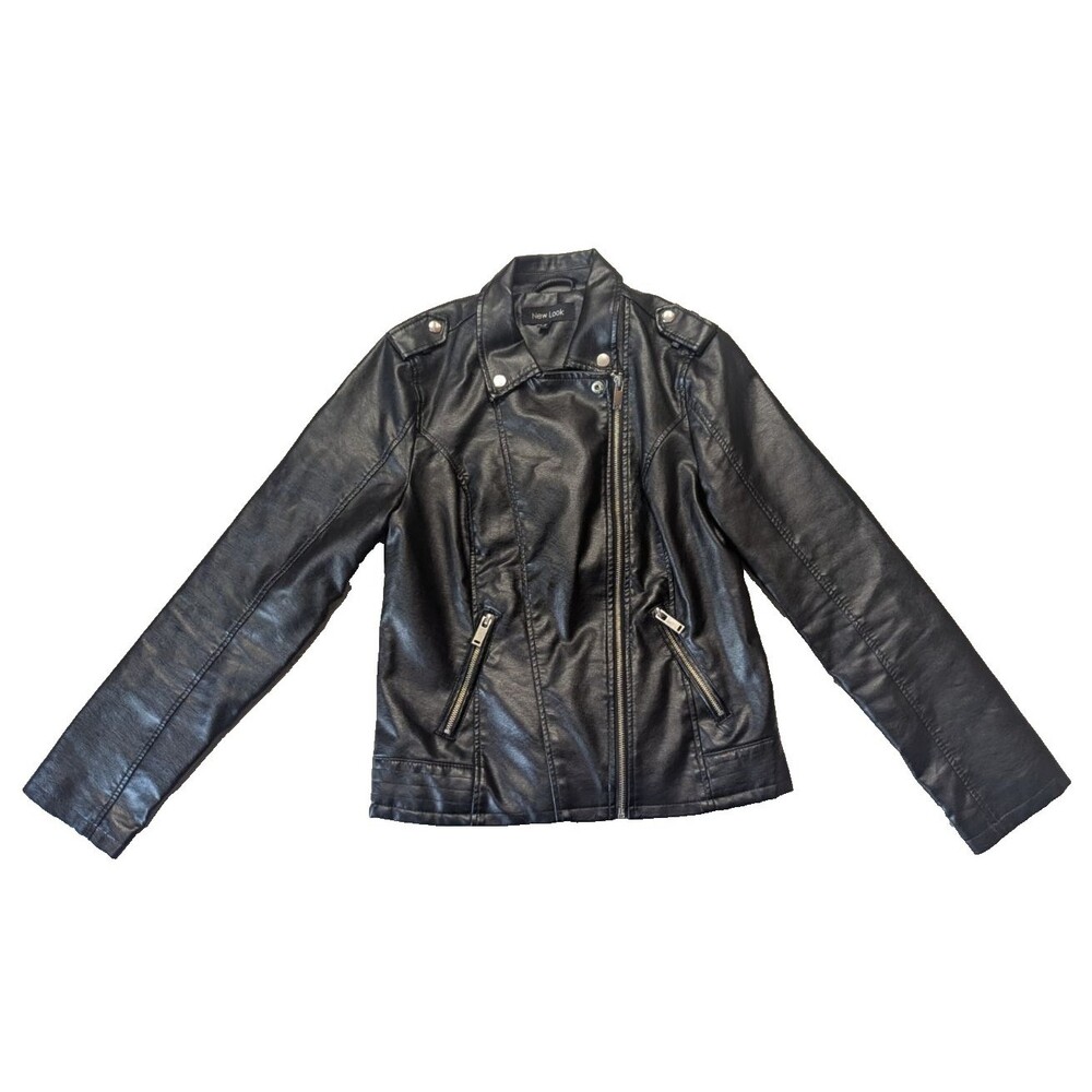 New Look Women's Size Med Black Faux Leather Moto Biker Cropped Zip Jacket Gift